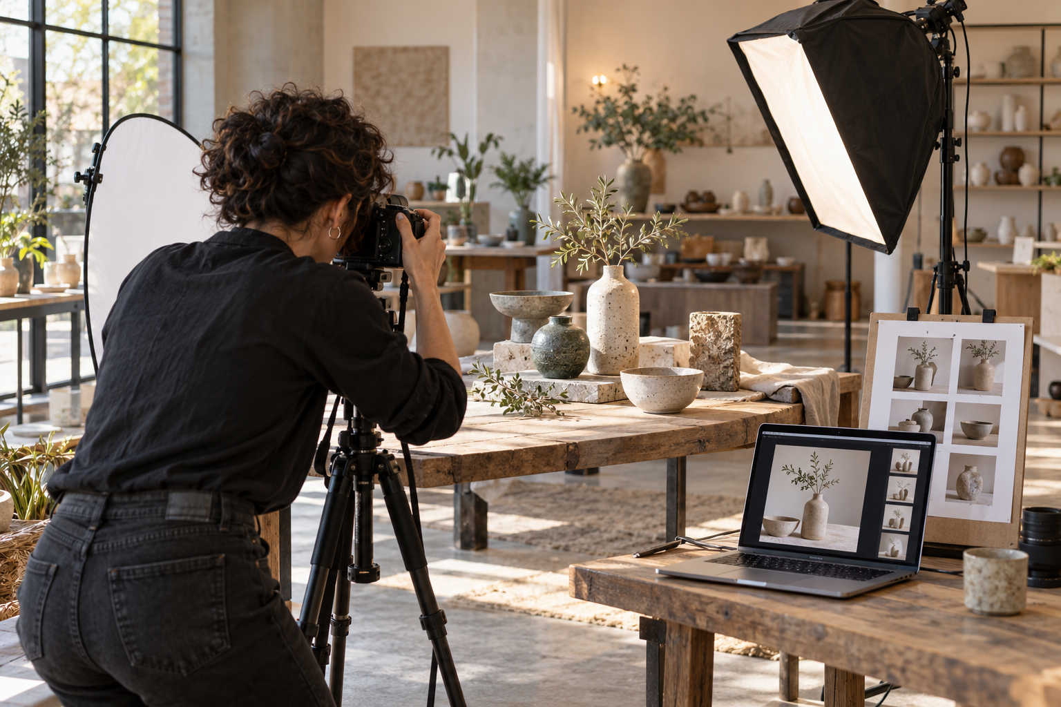 Illustrative photograph: Photographer making commercial images of handmade ceramics with a camera, softbox and tethering laptop.