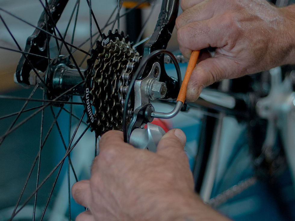 Hands use a hex key to adjust the rear gears of a bicycle.