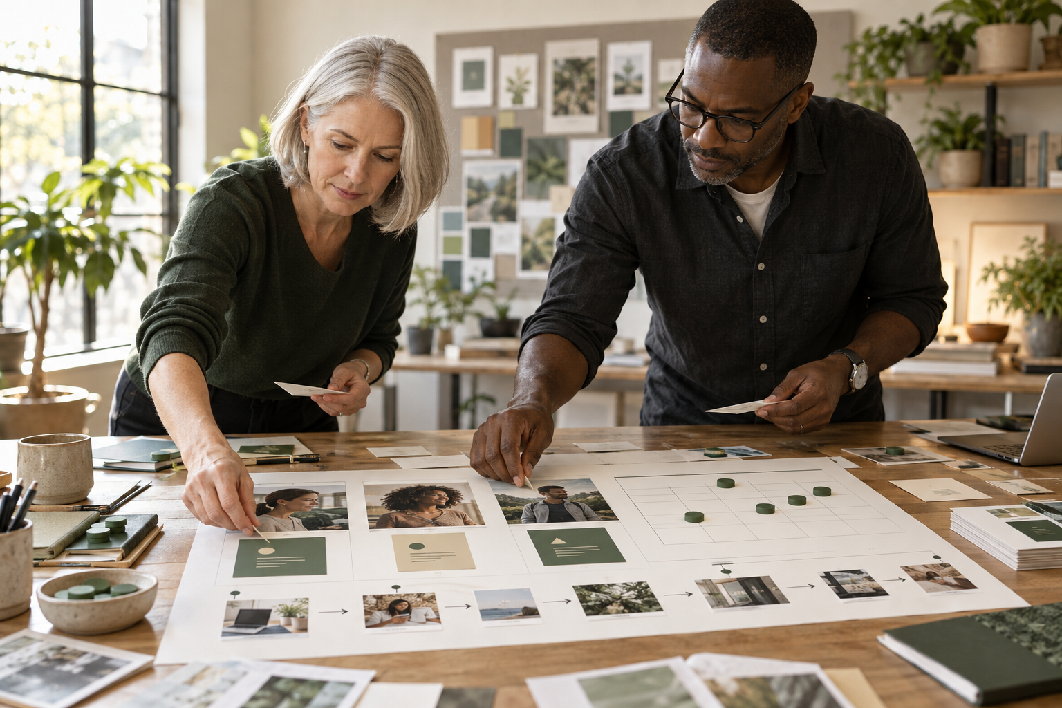 Illustrative photograph: Strategists assess customer evidence, business offers and priority markers on a tangible marketing plan.