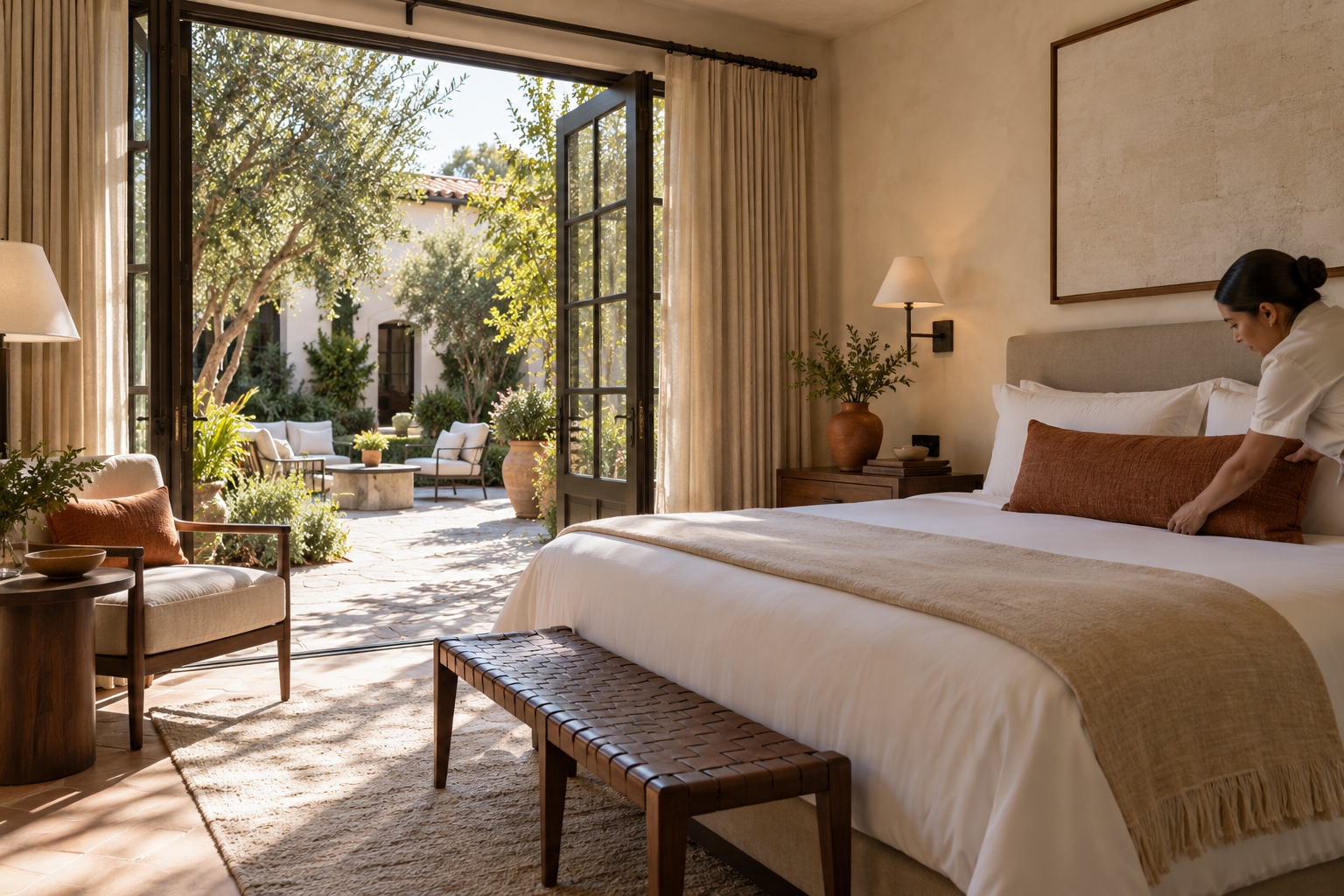 Sunlit hotel guest room overlooking a landscaped courtyard