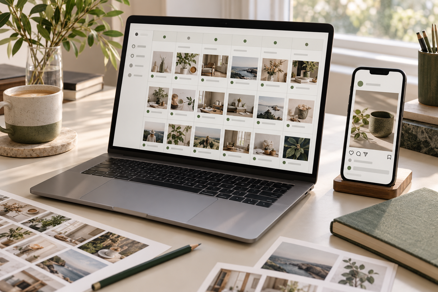 Illustrative photograph: A social publishing calendar is organized beside a matching mobile post preview and photo assets.