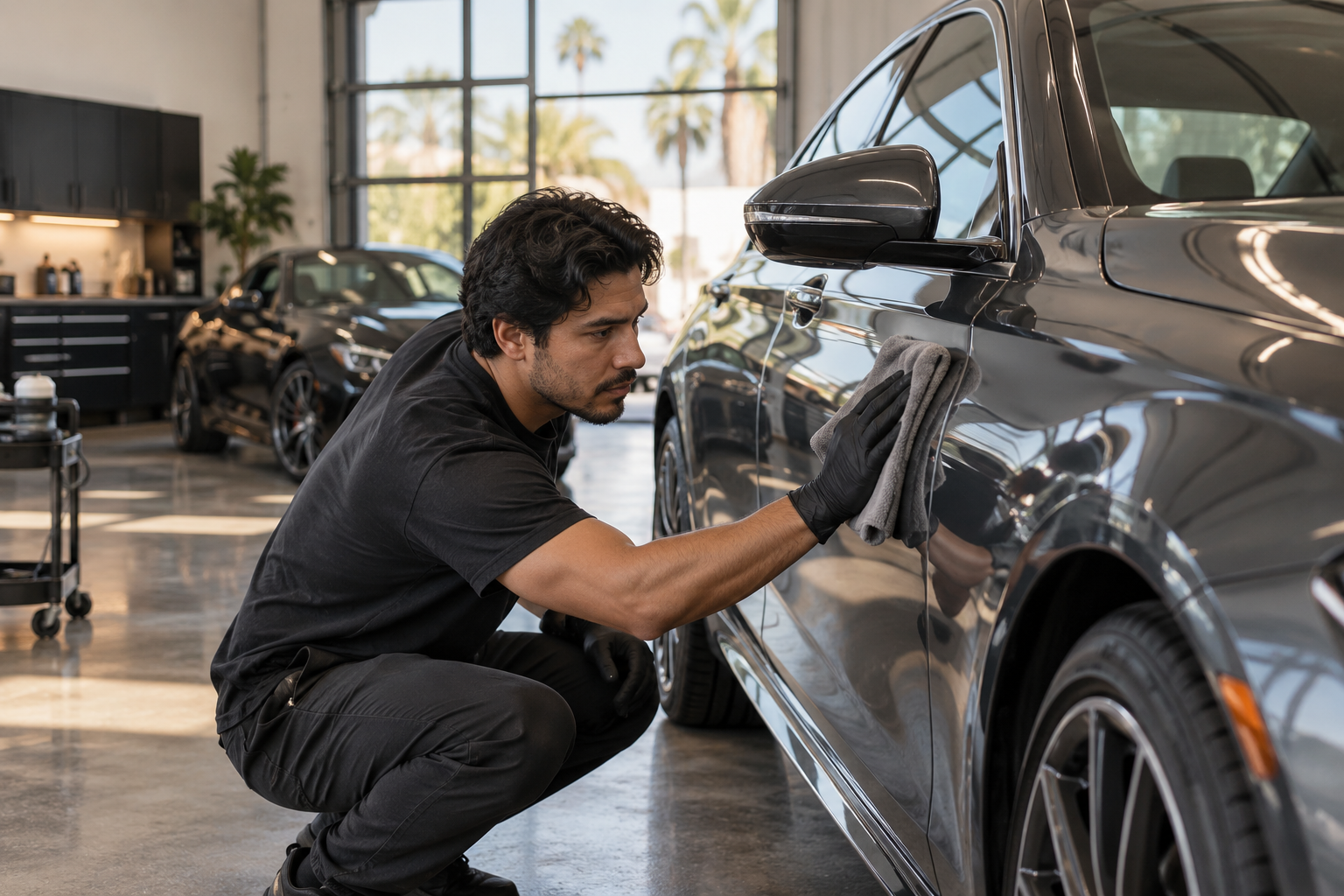 Automotive professional detailing a vehicle in a clean workshop