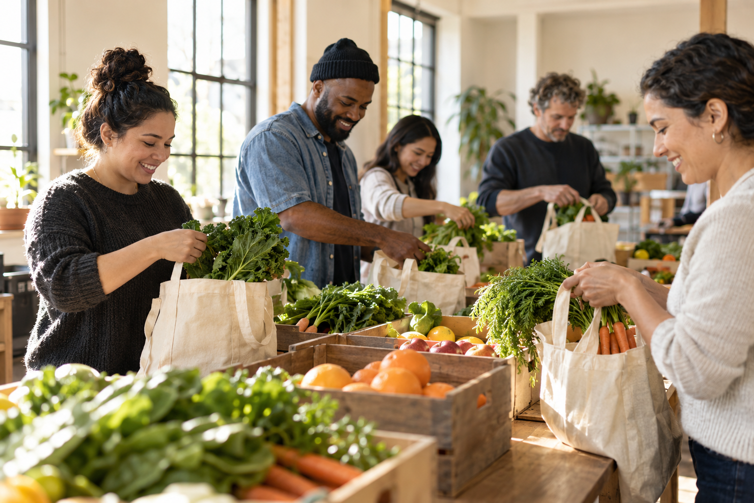 Community volunteers preparing fresh produce for distribution