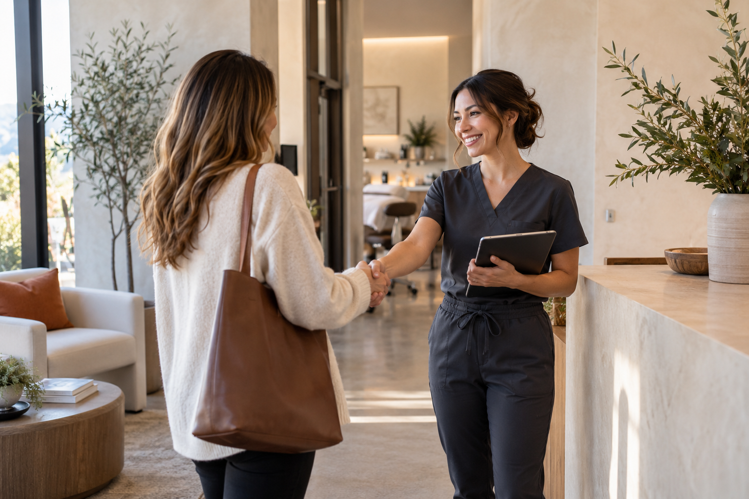 Practitioner welcoming a visitor to a contemporary med spa