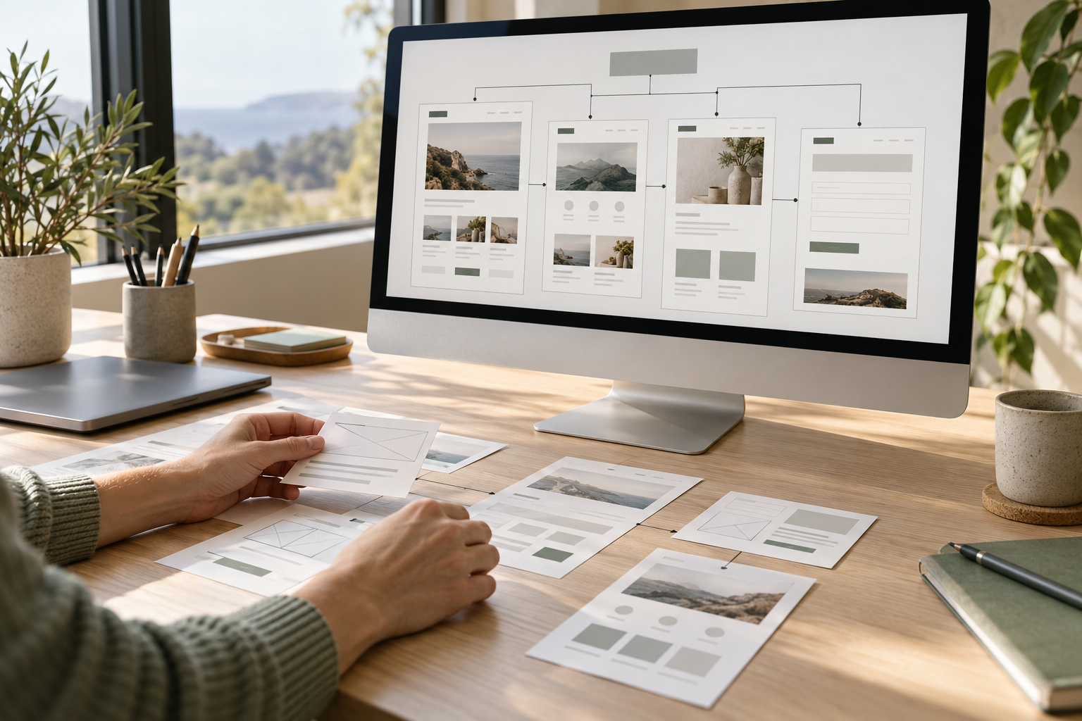 Illustrative photograph: A designer maps website pages using screen-based wireframes and matching paper layouts.