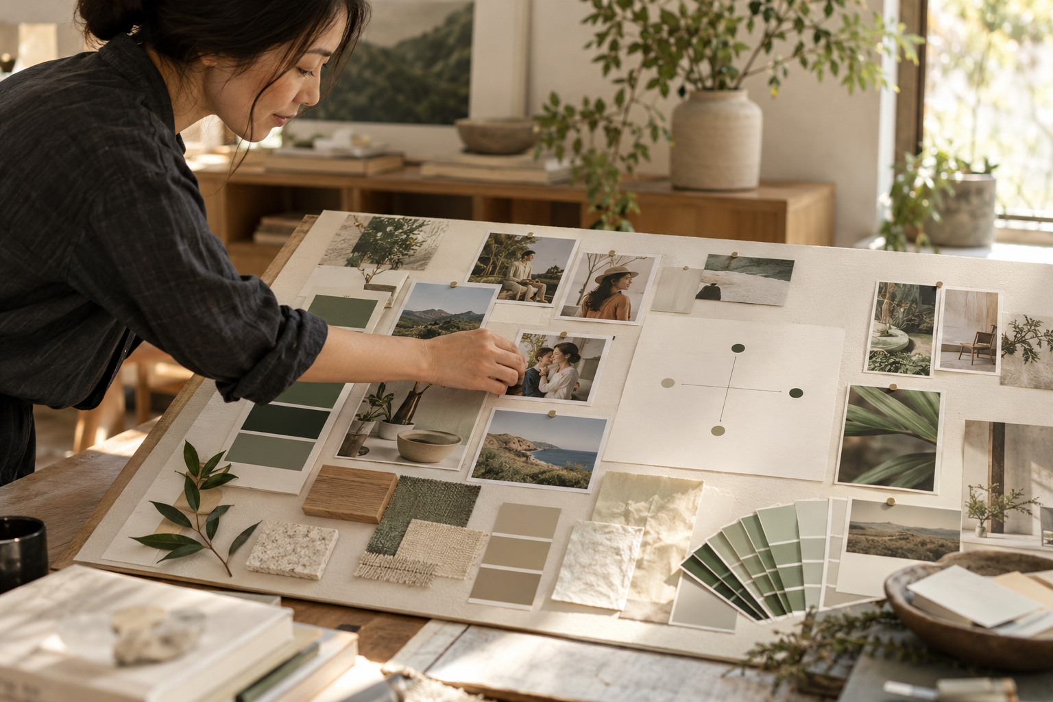 Illustrative photograph: A strategist arranges customer reference cards, color swatches and positioning materials on a physical brand board.