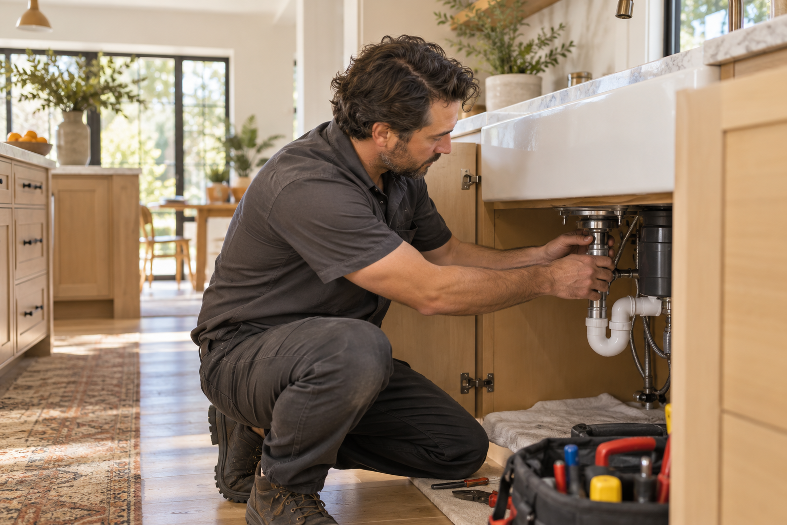 Home-service technician working in a bright residential kitchen