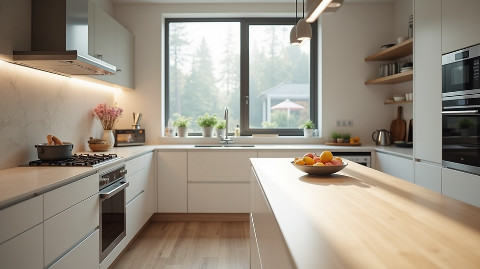 Wide angle view of a digitally staged kitchen showcasing modern appliances