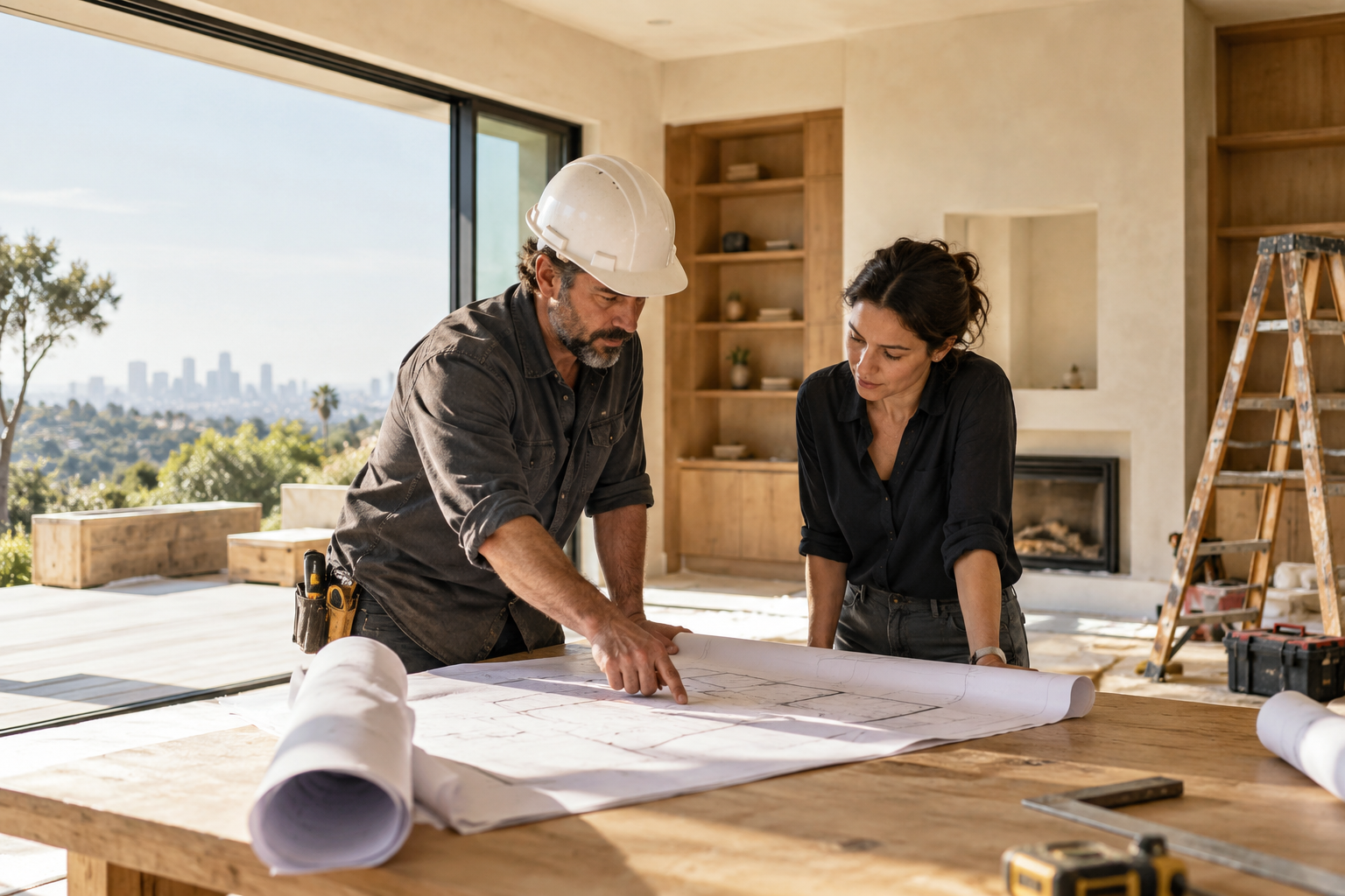 Contractors reviewing plans inside a newly finished home
