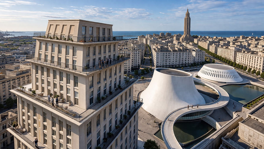 Le Havre assume ses contrastes avec panache. Face à la rigueur classique de Perret, les courbes blanches et sensuelles du « Volcan », l'espace culturel dessiné par le célèbre architecte brésilien Oscar Niemeyer, apportent une touche de fantaisie futuriste en plein centre-ville.

Et toujours, l'appel du large. La ville dispose d'une immense plage urbaine de deux kilomètres, célèbre pour ses cabanes de bains colorées alignées face à la mer. C'est le lieu de promenade favori des Havrais, où l'on respire les embruns en regardant les kitesurfs danser sur les vagues, avec en toile de fond le ballet incessant de l'un des plus grands ports du monde.