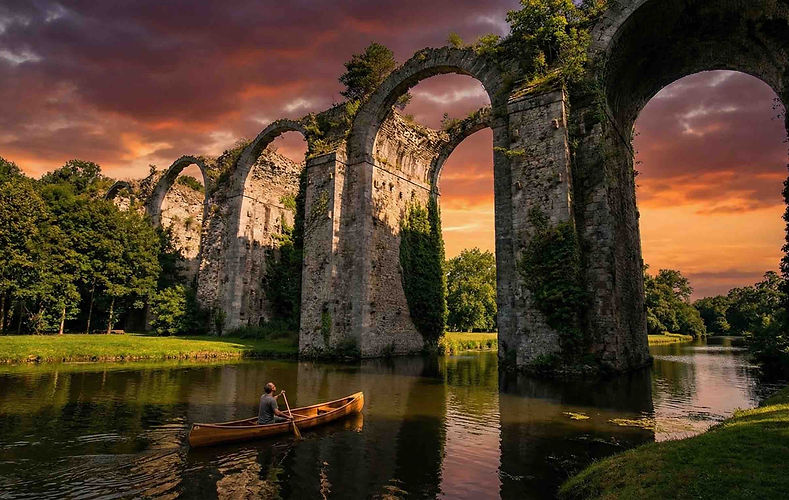 Se dressant de manière spectaculaire au fond du parc du château, les ruines de l'aqueduc de Maintenon forment l'un des décors les plus romantiques de France, témoin de la folie des grandeurs du Roi-Soleil.

    Le chantier de Louis XIV : Conçu par Vauban et l'ingénieur La Hire dans les années 1680, ce projet colossal avait pour but de détourner les eaux de l'Eure sur plus de 80 kilomètres pour alimenter les fontaines et les jeux d'eau du château de Versailles, alors en manque cruel d'eau.

    Les vestiges mélancoliques : Interrompu par les guerres de Louis XIV et les épidémies qui décimèrent les milliers de soldats-ouvriers, l'aqueduc est resté inachevé. Aujourd'hui, sa première rangée d'arcades monumentales en pierre, dévorée par la végétation, dresse ses silhouettes poétiques au-dessus des prairies humides.

    L'histoire d'un monument préservé : Classé au titre des Monuments Historiques grâce à l'action conjointe de la famille de Noailles et de l'État, ce géant de pierre se découvre au plus près lors des promenades dans le parc, impressionnant les visiteurs par la taille de ses piles maçonnées.