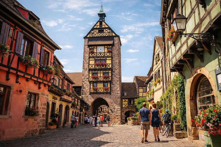 On ne peut dissocier Riquewihr de son prestigieux vignoble, réputé pour produire parmi les meilleurs vins blancs du monde.
Le Sentier Viticole des Grands Crus : Une superbe promenade au départ du village qui grimpe au milieu des vignes. Des panneaux explicatifs détaillent le travail des viticulteurs et la géologie particulière qui donne naissance aux célèbres cépages (Riesling, Gewurztraminer, Pinot Gris).
Le Grand Cru Schoenenbourg : Ce coteau exposé plein sud surplombe le village. C’est le terroir roi de Riquewihr, célèbre depuis le Moyen Âge pour donner des Rieslings d’une garde exceptionnelle et d’une minéralité d'une grande finesse.
Les caves séculaires : Le village est truffé de domaines viticoles familiaux historiques. Descendre dans leurs caves fraîches, au milieu des foudres en chêne centenaires, est un rituel incontournable pour une dégustation commentée.