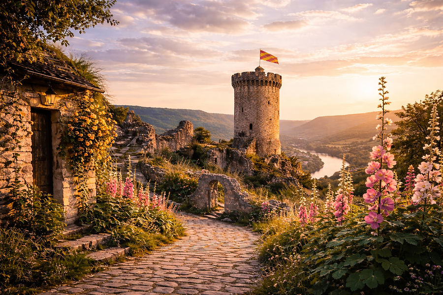 L'apothéose de la visite se trouve tout en haut, sur les ruines de l'ancien château féodal. Deux géantes de pierre veillent encore sur la vallée :

La Tour du Trésor : Salle des gardes voûtée et mémoire militaire du site.

La Tour César : Un donjon cylindrique du XIIIe siècle.

Une fois au pied de ces tours, tournez-vous vers l'horizon. Un jardin suspendu vous offre une vue panoramique à 360 degrés. Devant vous s'étendent les vallées verdoyantes de la Corrèze, les contreforts du Massif Central et, par temps clair, les monts d'Auvergne qui se dessinent dans la brume lointaine. C'est un spectacle de silence et de grandeur.
