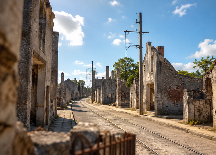 The marked path through the ruins leads to the various execution sites where the population, initially gathered in the fairground, was separated and massacred.
The men's execution barns: The men were divided among six places of worship and storage (such as the Laudy barn or the Desourteaux garage). The SS shot them there before covering their bodies with straw and burning them. Commemorative plaques now mark each of these locations.
Saint Martin's Church (The Sanctuary for Women and Children): This is the most harrowing place on the tour. Women and children were imprisoned here. Soldiers detonated a crate of poison gas before machine-gunning the survivors and setting the building on fire. Only Marguerite Rouffanche managed to escape through a window in the chancel.
The melted bell: Inside the nave of the ruined church, the bronze bell, crushed to the ground and deformed by the intense heat of the fire, remained frozen in its fall, an immutable witness to the fury of the flames.