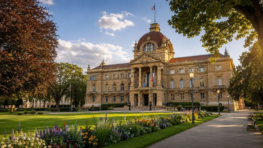 Témoin de l'histoire mouvementée de l'Alsace, la Neustadt (nouvelle ville) est un quartier monumental aménagé par l'Empire allemand à la fin du XIXe siècle, offrant un modèle d'urbanisme unique au monde.

    La Place de la République et le Palais du Rhin : Cœur de la Neustadt, cette place circulaire est bordée par le Palais du Rhin (ancien palais impérial dédié à Guillaume II). Avec son dôme massif d'inspiration néo-renaissance et son parc ombragé, il incarne le faste de l'architecture prussienne.

    La Bibliothèque Nationale et Universitaire (BNU) : Ce monument d'un classicisme rigoureux abrite l'une des plus riches collections de manuscrits d'Europe. Sa coupole de verre inonde l'intérieur d'une lumière propice à l'érudition.

    L'Avenue de la Liberté et les Immeubles de Style Art Nouveau : Reliant le palais impérial à l'Université, cette large avenue arborée déploie des façades opulentes mêlant styles néo-baroque, néo-gothique et de superbes touches d'Jugendstil (l'Art nouveau germanique) aux motifs floraux et géométriques originaux.