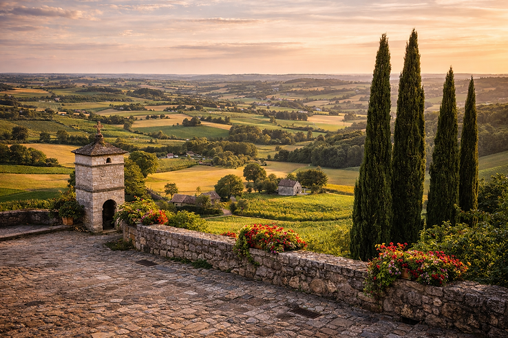 Située au sommet du village, l'esplanade du Cap del Pech offre un panorama à couper le souffle. La vue embrasse les collines douces et vallonnées du Lot-et-Garonne, une terre fertile souvent comparée à la Toscane pour sa lumière dorée, ses cyprès et ses patchworks de cultures. C'est un paysage apaisant, une mer de verdure ponctuée de fermes et de pigeonniers.