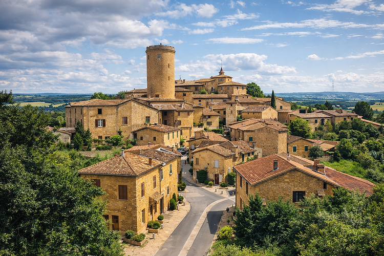 The highest point in the village is crowned by the vestiges of its powerful military past, when the Oingt family ruled the region during the Middle Ages.
The Oingt Keep: Built in the late 12th and 13th centuries, this majestic cylindrical keep of golden stone rises to a height of over 18 meters. The former defensive heart of the fortified castle, it now houses a small, multi-level historical museum detailing the medieval past of the town.
The 360-degree panorama: After climbing its entire interior staircase, you reach a fortified summit platform. From up there, the view is breathtaking and spectacular: it sweeps across a sea of vineyard-covered hills, the Monts du Lyonnais, the Azergues Valley, and, on a clear day, the Alps and Mont Blanc.
The Nizy Gate: The only major survivor of the old fortifications and the three fortified gates that locked the fortified town, this impressive stone arch testifies to the solidity of the city's defensive system.