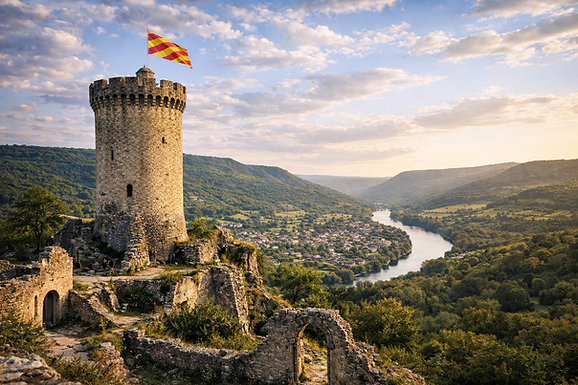 L'apothéose de la visite se trouve tout en haut, sur les ruines de l'ancien château féodal. Deux géantes de pierre veillent encore sur la vallée :
La Tour du Trésor : Salle des gardes voûtée et mémoire militaire du site.
La Tour César : Un donjon cylindrique du XIIIe siècle.
Une fois au pied de ces tours, tournez-vous vers l'horizon. Un jardin suspendu vous offre une vue panoramique à 360 degrés. Devant vous s'étendent les vallées verdoyantes de la Corrèze, les contreforts du Massif Central et, par temps clair, les monts d'Auvergne qui se dessinent dans la brume lointaine. C'est un spectacle de silence et de grandeur.