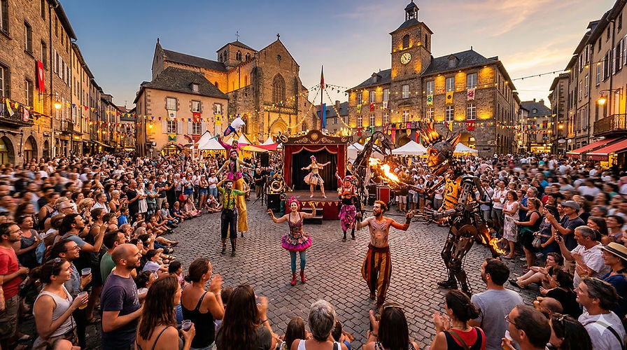 Chaque année, durant la deuxième moitié du mois d'août, Aurillac vit une métamorphose totale et unique en Europe, devenant le point de rassemblement de la création artistique contemporaine à ciel ouvert.
Le Festival International de Théâtre de Rue : Depuis sa création en 1986, cet événement monumental transforme la ville en un immense théâtre éphémère. Les places, les cours d'écoles, les parkings et les trottoirs sont envahis par des centaines de compagnies artistiques venues des quatre coins du monde.
Une ferveur populaire inégalée : Pendant quatre jours, près de 100 000 festivaliers se pressent dans les rues dans une ambiance de fête absolue, festive et poétique. Spectacles de cirque, fanfares déjantées, performances pyrotechniques et théâtre engagé rythment les journées et les nuits.
L'art d'habiter la rue : Le festival a forgé l'identité moderne d'Aurillac, démontrant la capacité de cette ville de montagne à s'ouvrir à l'avant-garde culturelle tout en conservant son sens inné de l'accueil et de la convivialité.