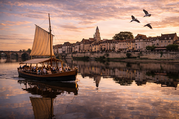 Bergerac ne serait rien sans sa rivière. La Dordogne, majestueuse et large, caresse les quais de la ville. C'est ici, sur le Port, que battait autrefois le pouls économique de la région, quand les tonneaux de vin partaient vers Bordeaux.
L'expérience incontournable : Embarquez sur une gabare. Ces bateaux traditionnels à fond plat, répliques des navires marchands d'antan, vous offrent une promenade silencieuse au fil de l'eau. Vu depuis la rivière, le front de ville se reflète dans l'onde comme une aquarelle vivante. C'est un moment de paix absolue, bercé par le clapotis de l'eau et le vol des hérons cendrés.