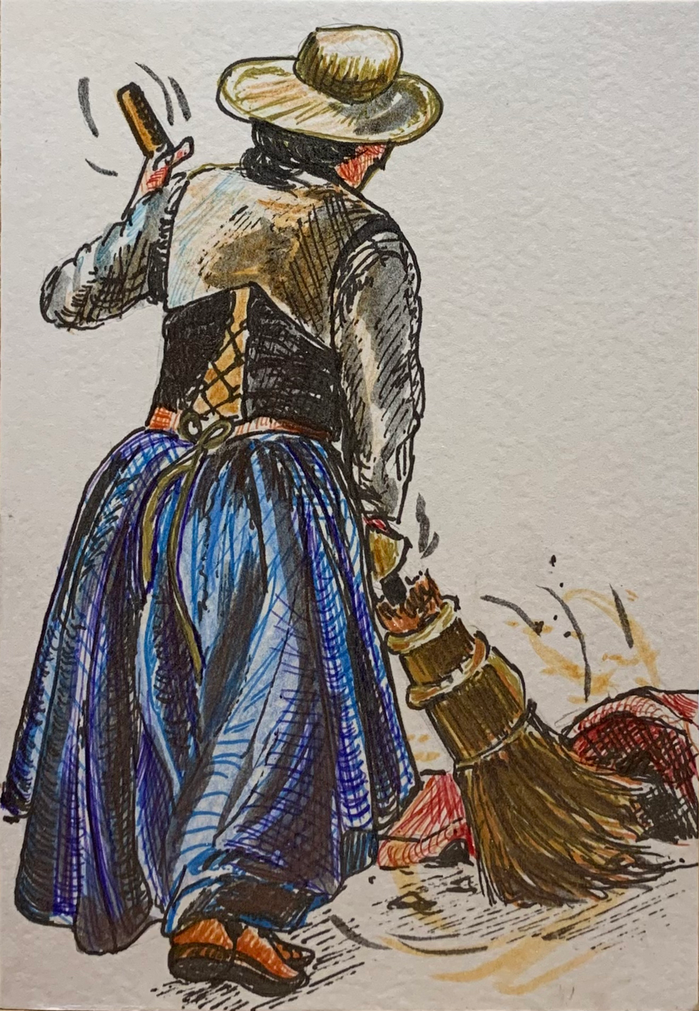 Frau mit Besen, Mixedmedia. 11 x 15 cm.