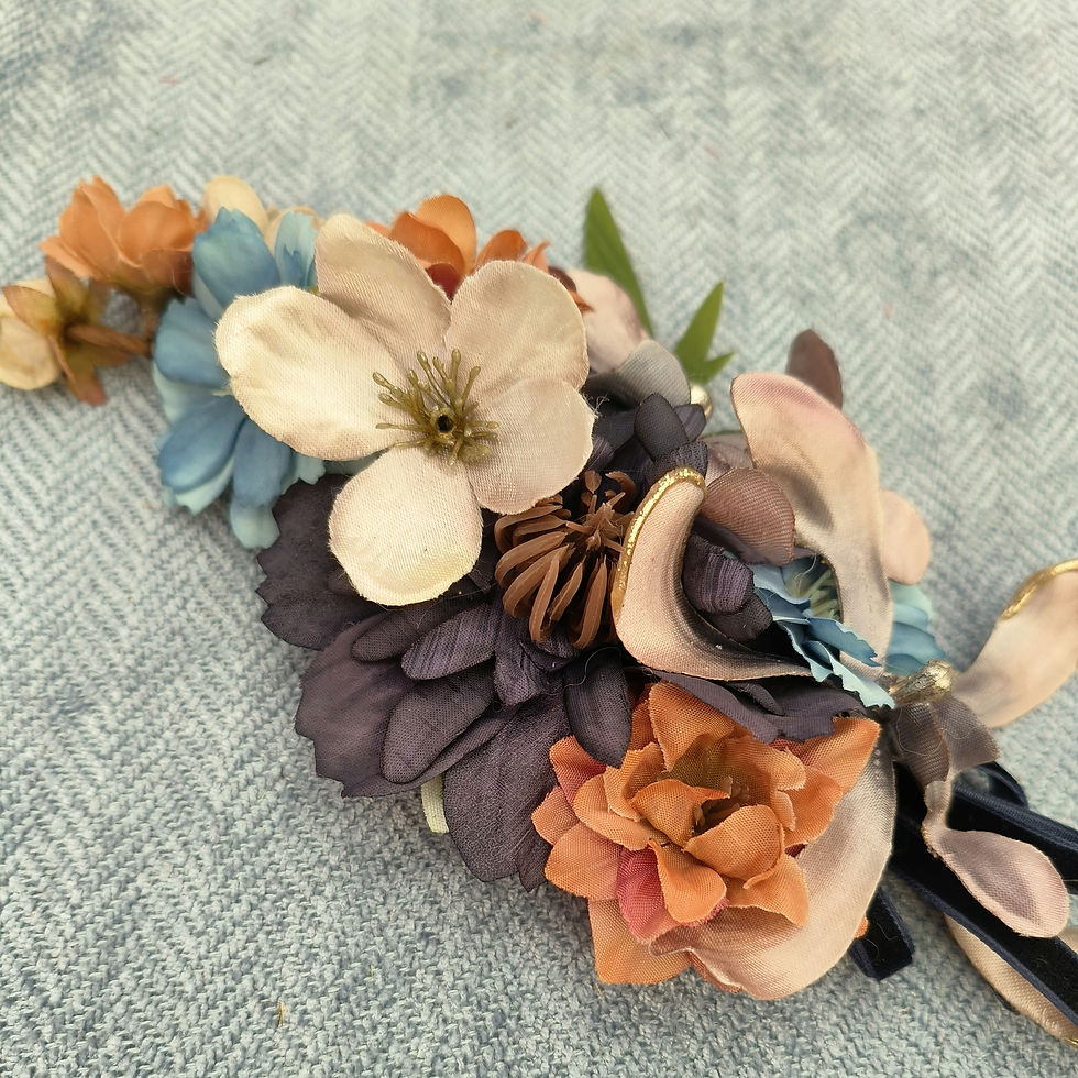Thumbnail: Navy and fawn hairflower/corsage 
