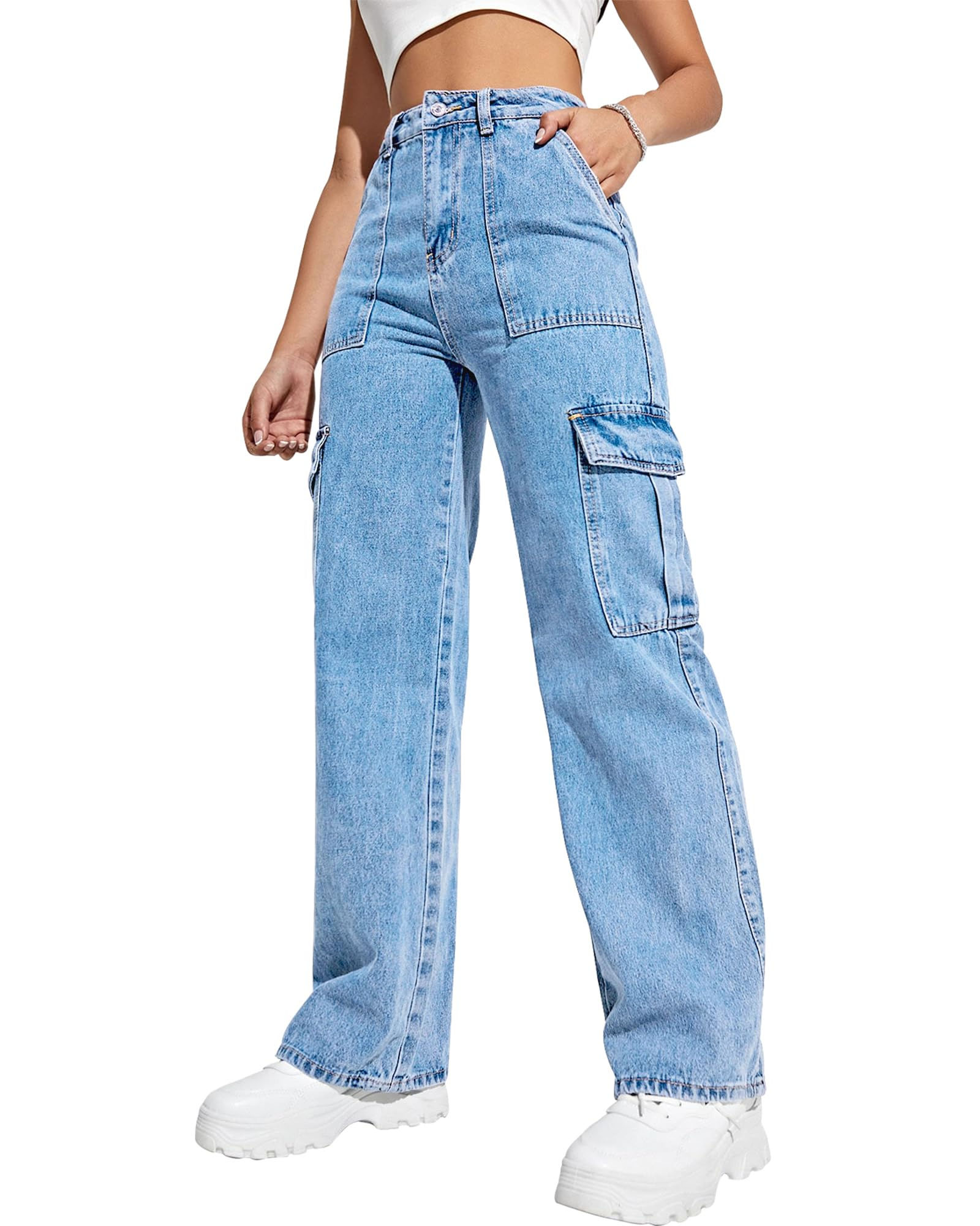 Flvsun Womens Cargo Pants High Waisted Baggy Cargo Jeans Straight Leg Y2K Street