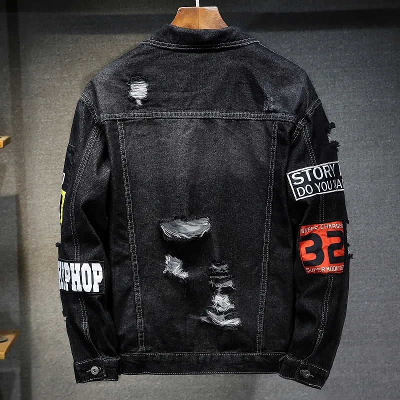 Thumbnail: Men's Ripped Denim Jacket - Casual Punk Streetwear Coats