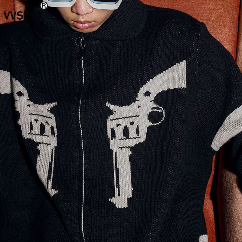Thumbnail: Vintage Printed Zipper Cardigan Sweater for Men