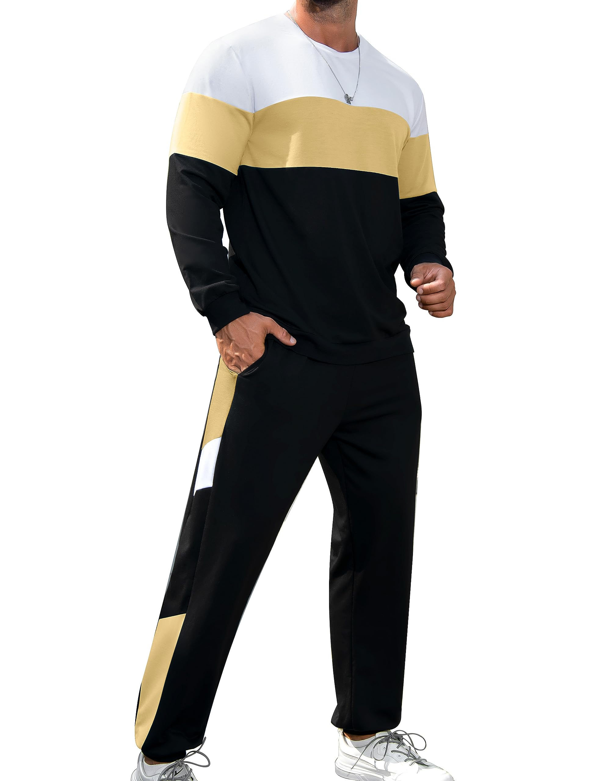 Babioboa Mens 2 Piece Tracksuits Color Block Sweatshirt and Sweatpants Street Ca