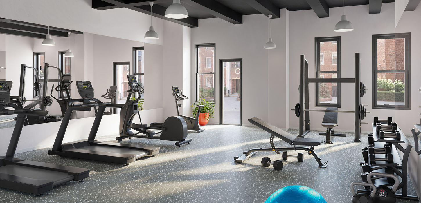 Gym with cardio machines, weights, benches and large windows for natural light.