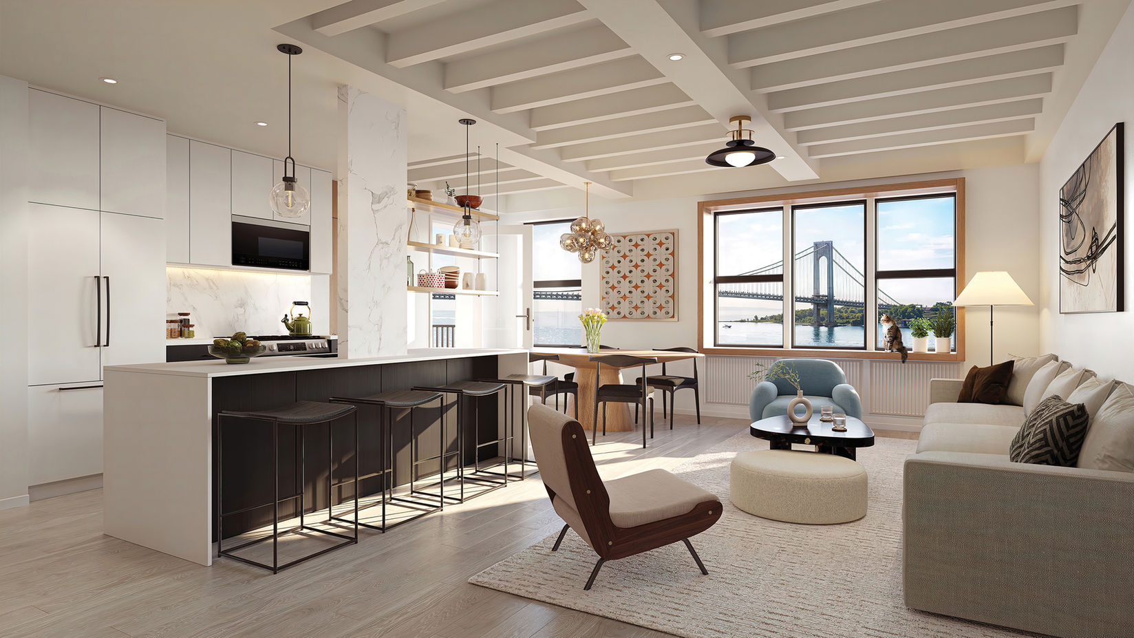 Open concept living room, kitchen and dining room with coffered ceiling.