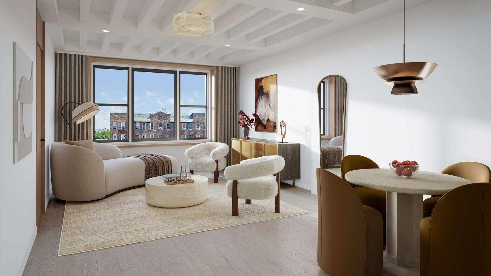 Living room and dining room with coffered ceiling.