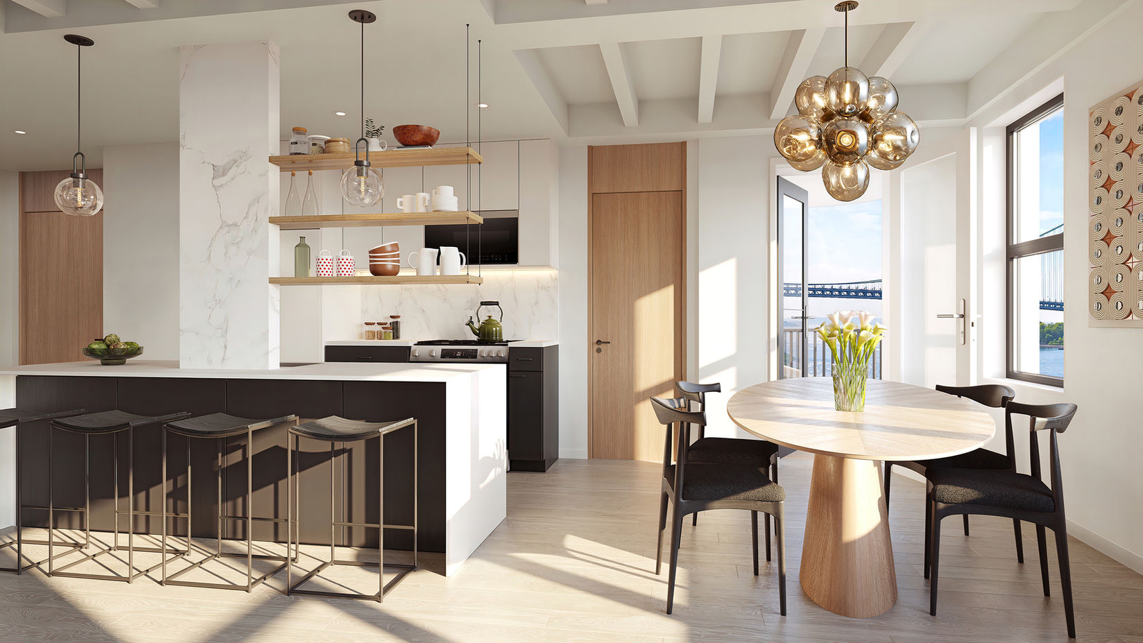 Detail of kitchen and dining room with coffered ceiling.