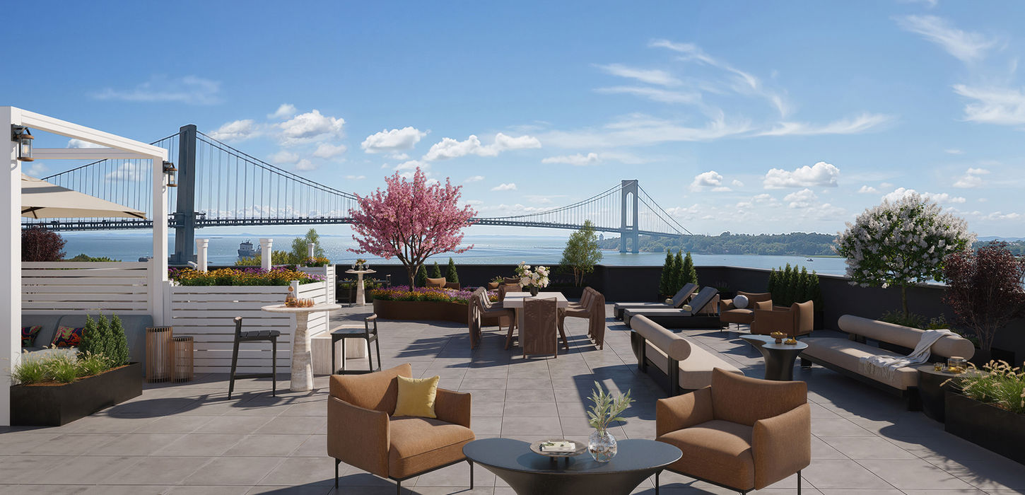 Vista Skydeck at daylight with view of Verrazano Narrows Bridge and New York Harbor.