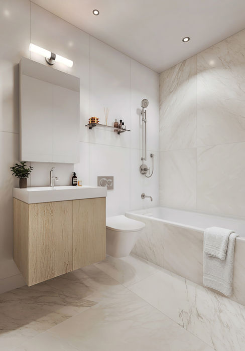Standard bathroom with shower tub combo.