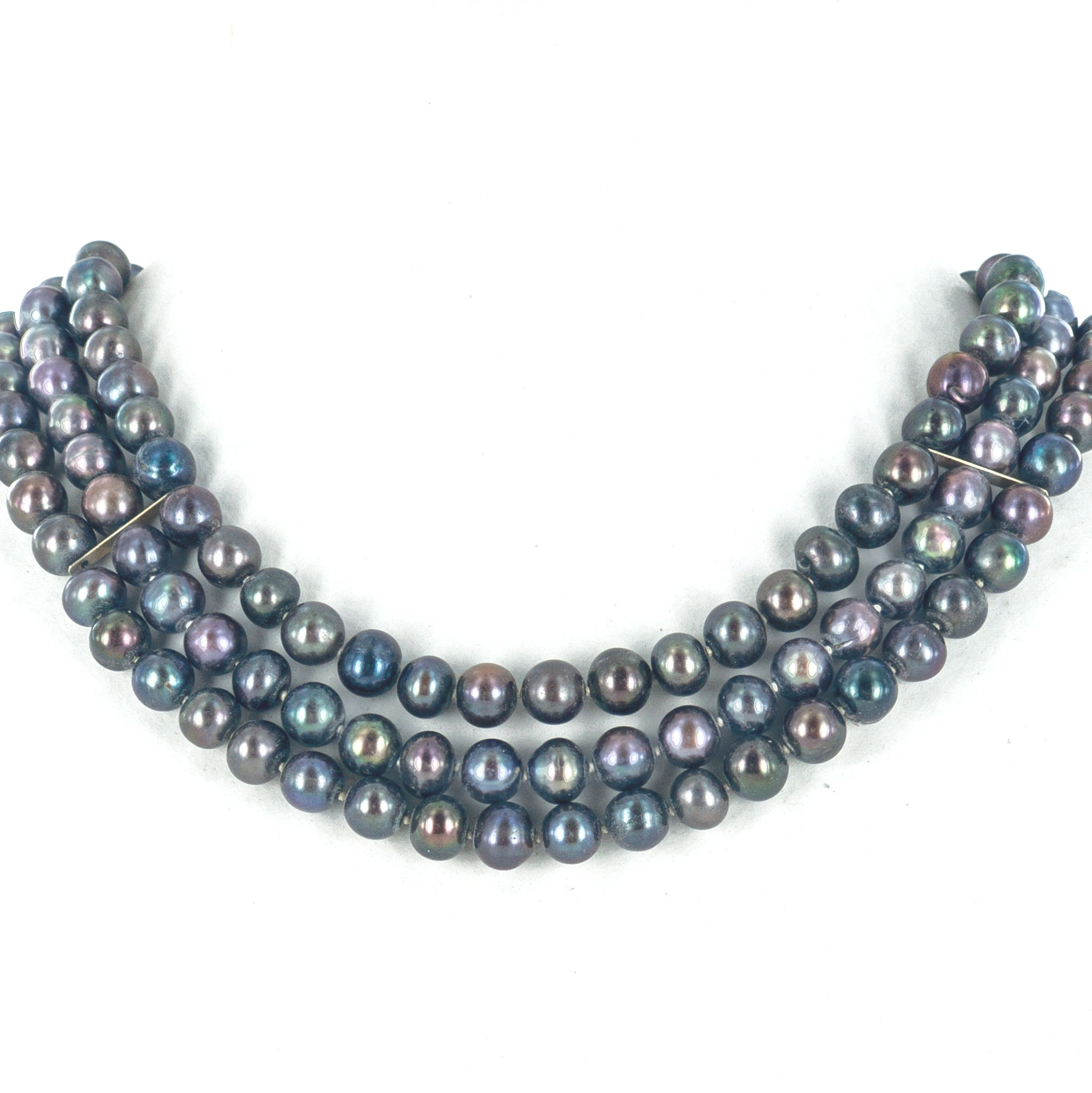 Black pearl 3 row gold necklace