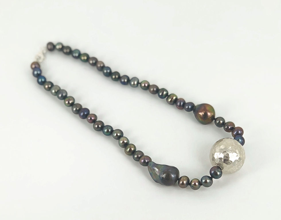 Thumbnail: A black/dark grey cultured pearl necklace with an impressive sterling sil