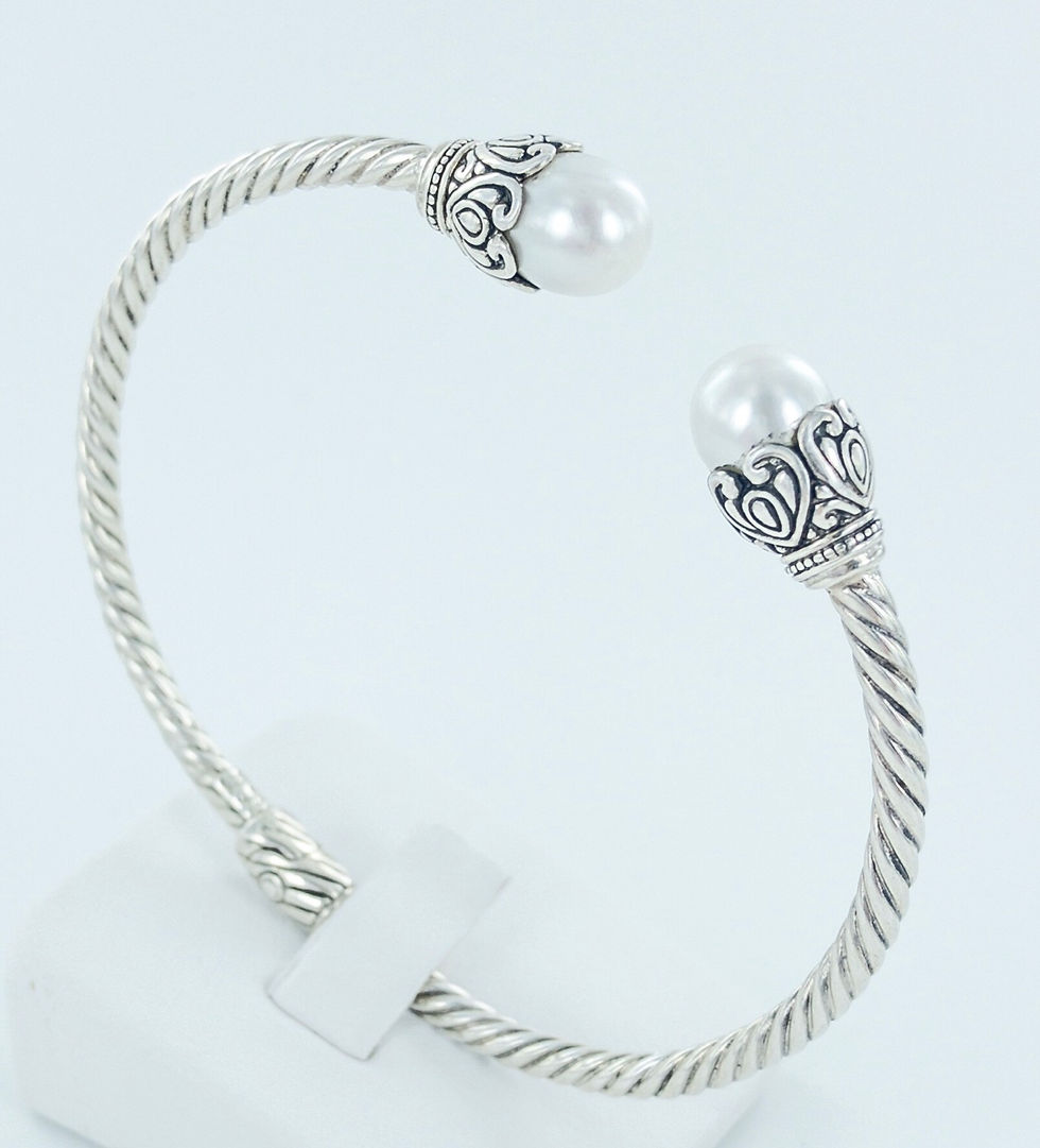 Thumbnail: White pearl sterling silver twist bangle