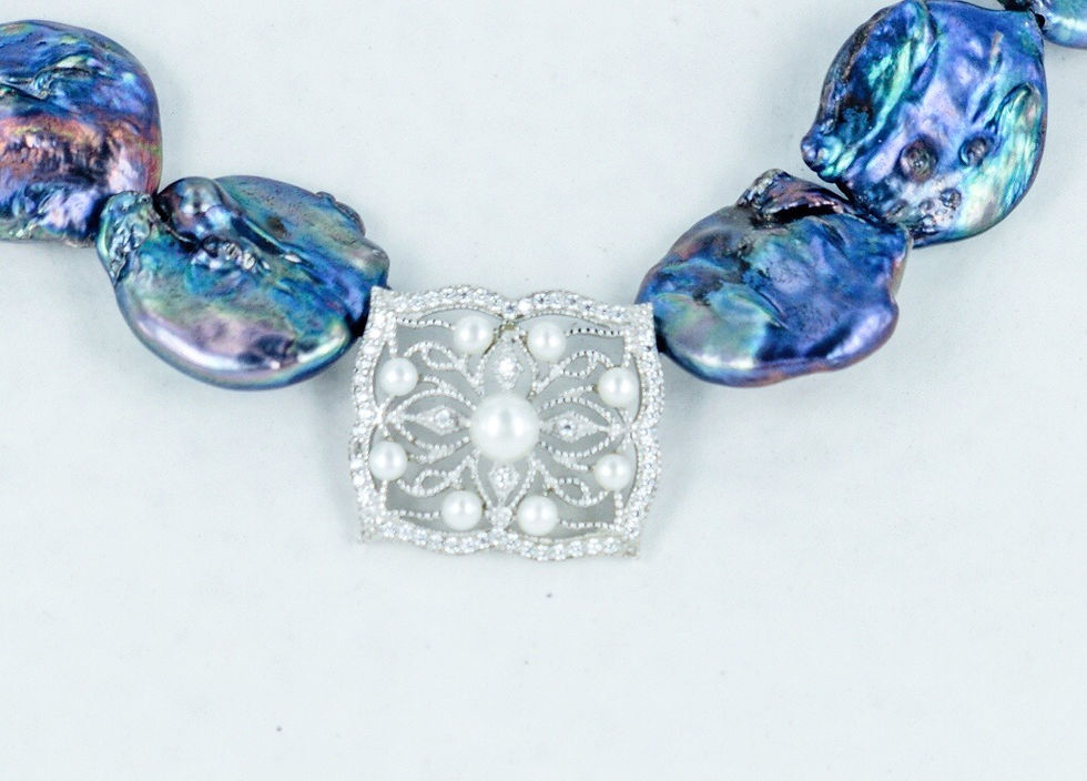 Thumbnail: Black keshi pearl necklace with silver centrepiece 