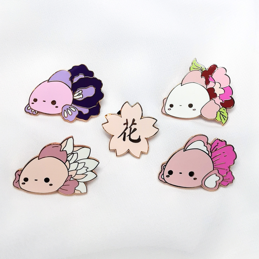 floral goldfish enamel pin set