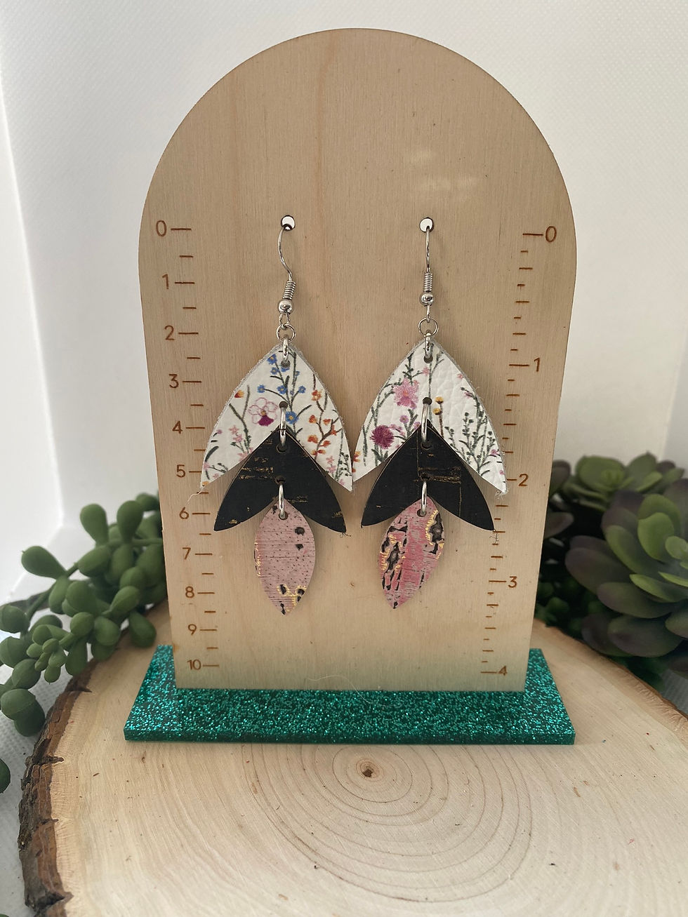 Pink, Black and Floral Split Petal Earrings
