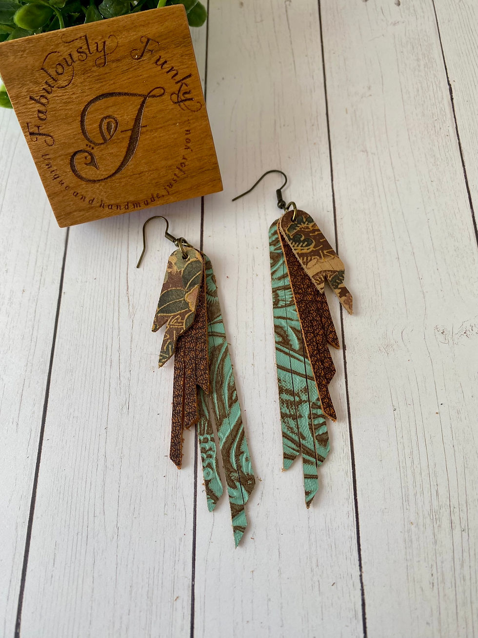Muted Floral, Brown and Teal Leather Fringe Earrings