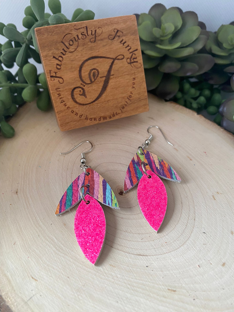 Colorful Pink Glitter and Striped Split Petal Earrings
