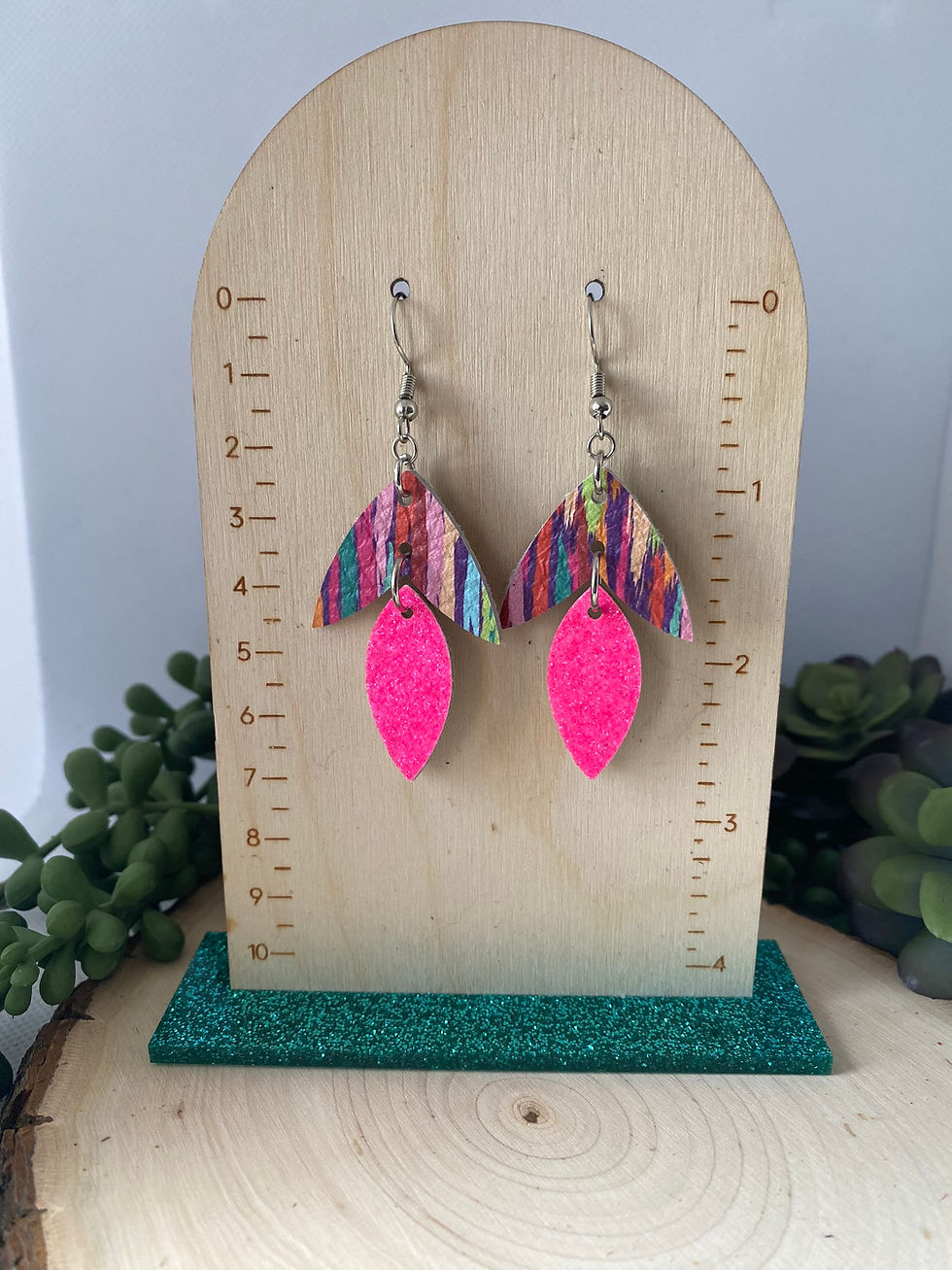 Colorful Pink Glitter and Striped Split Petal Earrings
