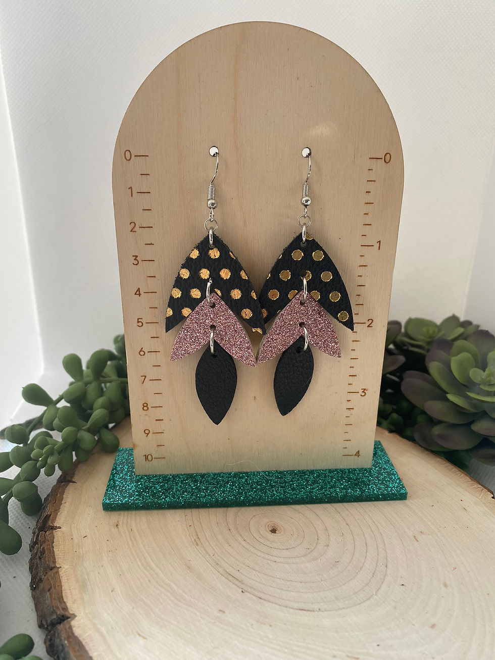 Pink Glitter and Black Polka Dot Split Petal Earrings