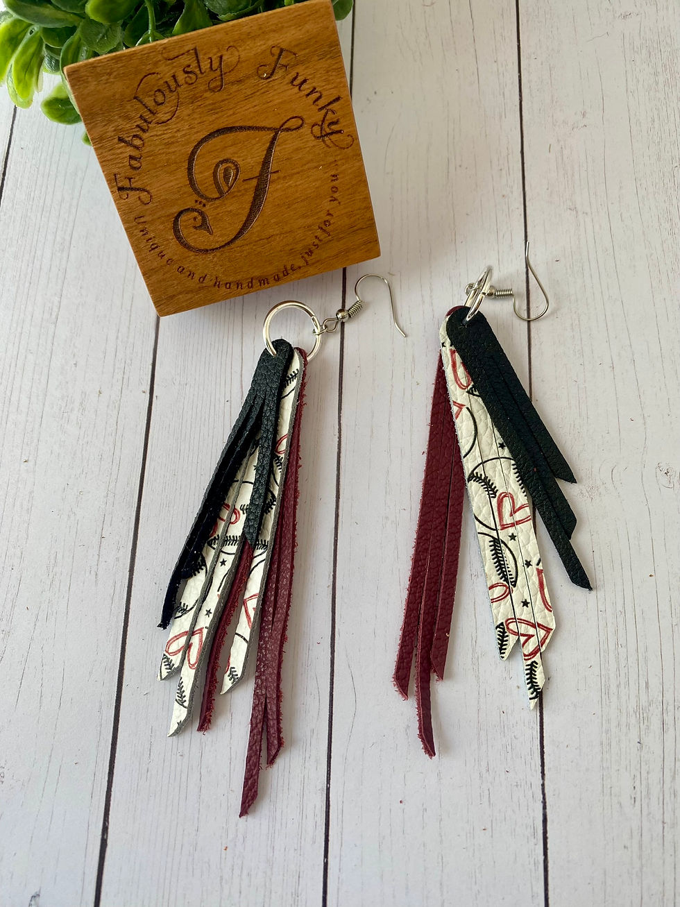 Black, Wine and Baseball Leather Fringe Earrings