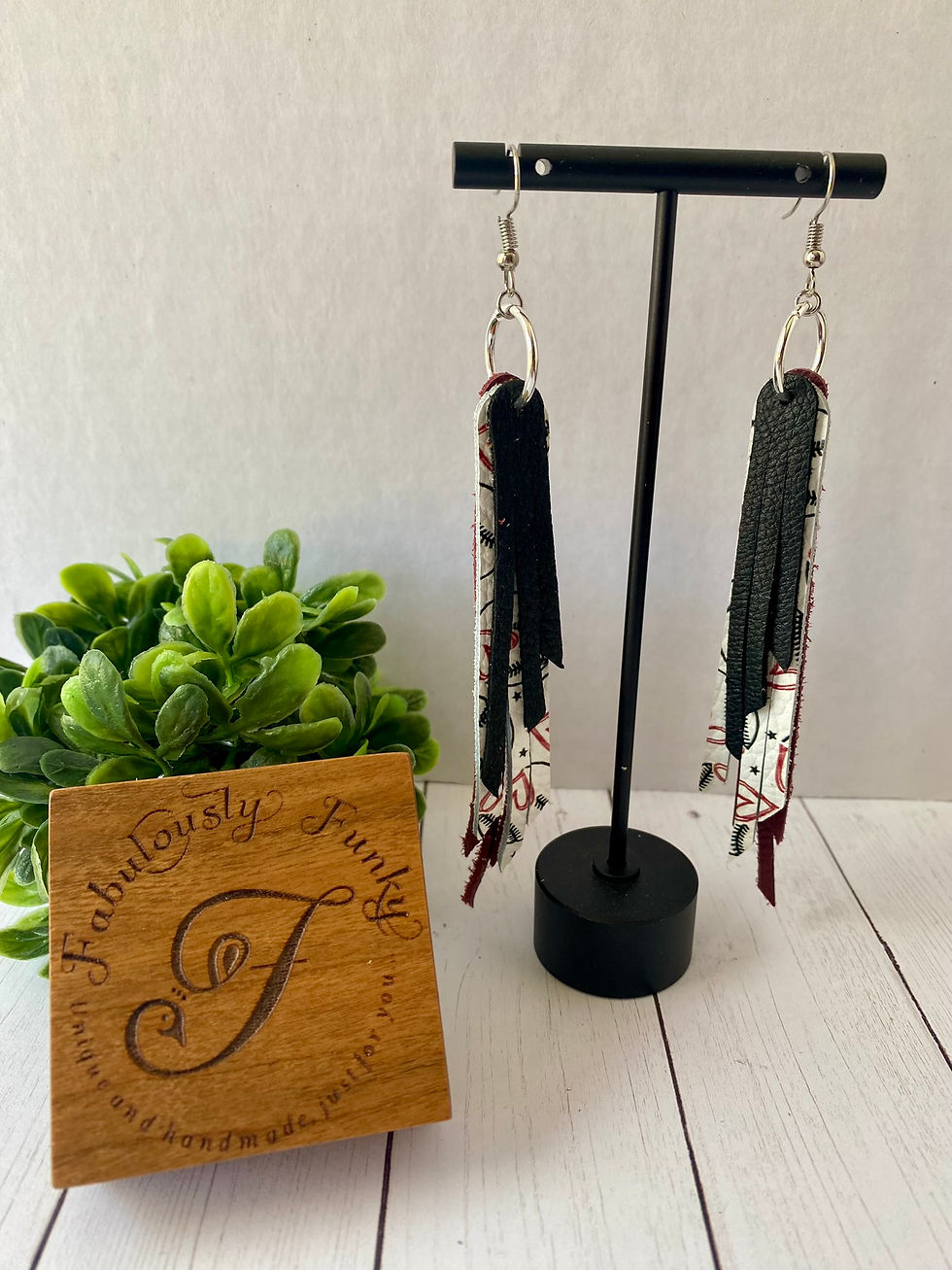 Black, Wine and Baseball Leather Fringe Earrings
