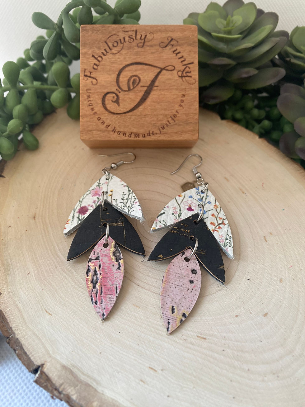 Pink, Black and Floral Split Petal Earrings