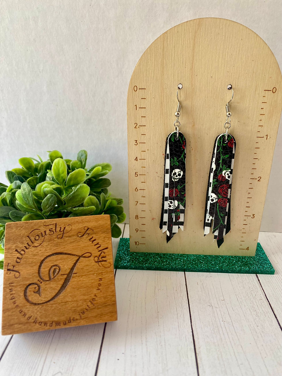 Black and Striped with Skull Rose Leather Fringe Earrings